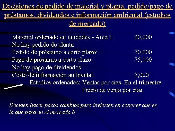 Decisiones de pedido de material y planta, pedido/pago de préstamos, dividendos e información ambiental