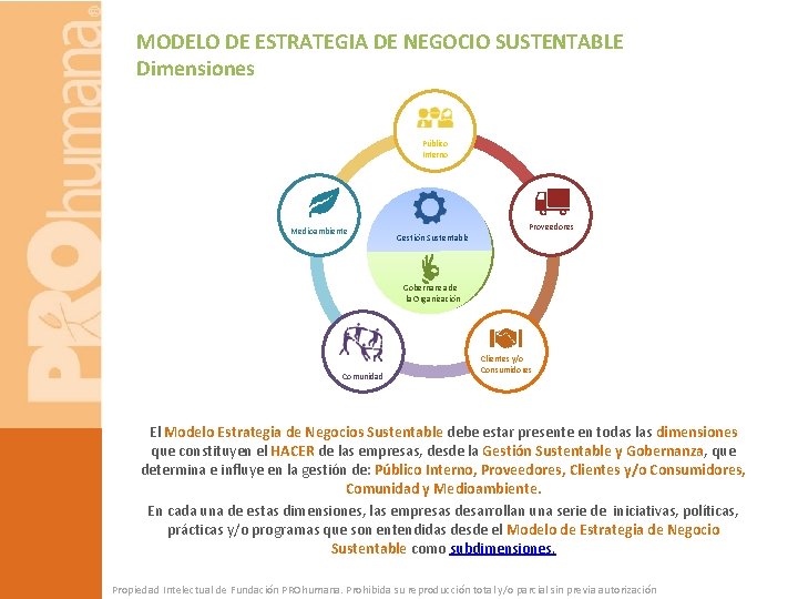 MODELO DE ESTRATEGIA DE NEGOCIO SUSTENTABLE Dimensiones Público Interno Medioambiente Gestión Sustentable Proveedores Gobernanza