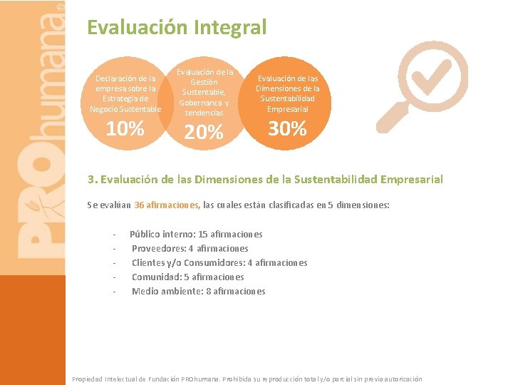 Evaluación Integral Declaración de la empresa sobre la Estrategia de Negocio Sustentable 10% Evaluación