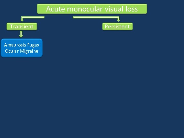 Acute monocular visual loss Transient Amaurosis Fugax Ocular Migraine Persistent Acute monocular visual loss Transient Amaurosis Fugax Ocular Migraine Persistent