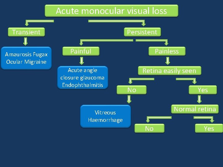 Acute monocular visual loss Transient Amaurosis Fugax Ocular Migraine Persistent Painful Acute angle closure Acute monocular visual loss Transient Amaurosis Fugax Ocular Migraine Persistent Painful Acute angle closure
