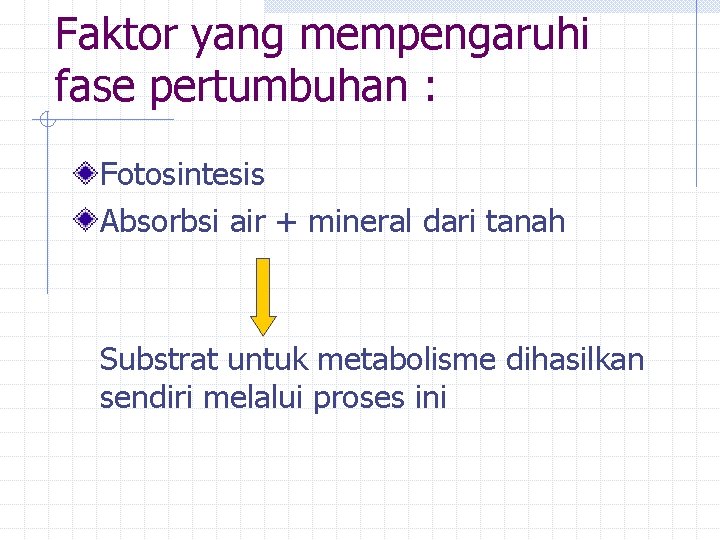 Faktor yang mempengaruhi fase pertumbuhan : Fotosintesis Absorbsi air + mineral dari tanah Substrat