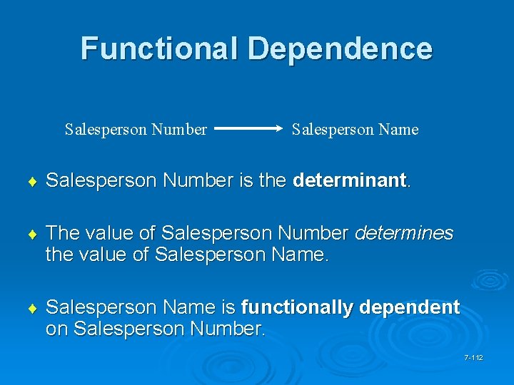 Functional Dependence Salesperson Number Salesperson Name ¨ Salesperson Number is the determinant. ¨ The