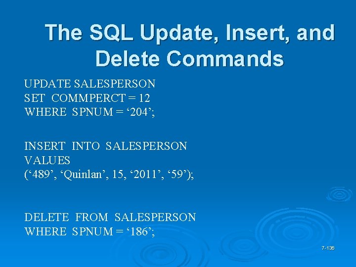 The SQL Update, Insert, and Delete Commands UPDATE SALESPERSON SET COMMPERCT = 12 WHERE