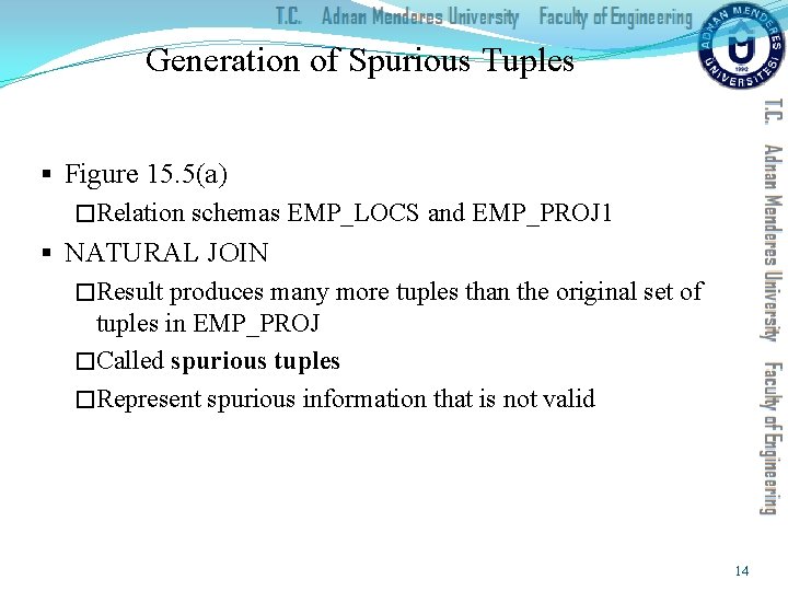 Generation of Spurious Tuples § Figure 15. 5(a) �Relation schemas EMP_LOCS and EMP_PROJ 1