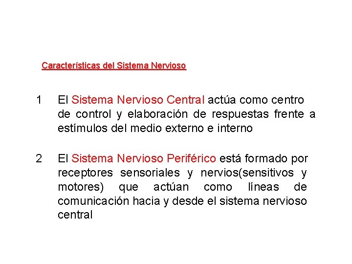 Características del Sistema Nervioso 1 El Sistema Nervioso Central actúa como centro de control