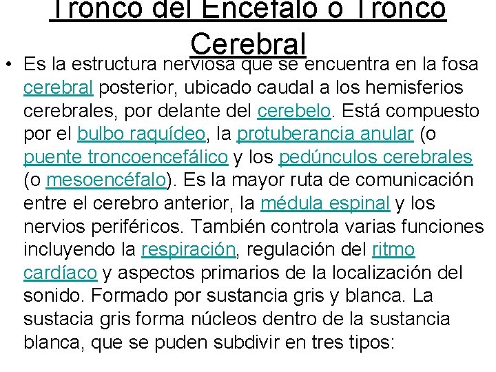 Tronco del Encéfalo o Tronco Cerebral • Es la estructura nerviosa que se encuentra