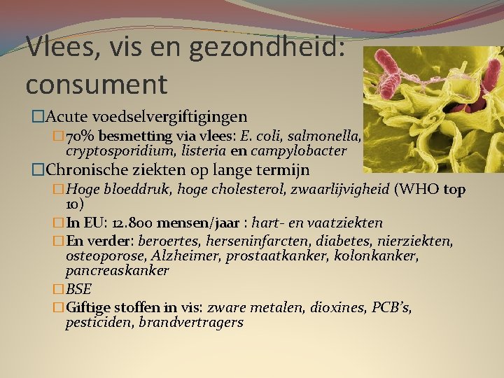 Vlees, vis en gezondheid: consument �Acute voedselvergiftigingen � 70% besmetting via vlees: E. coli,