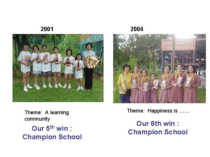 2001 Theme: A learning community 5 th Our win : Champion School 2004 Theme: