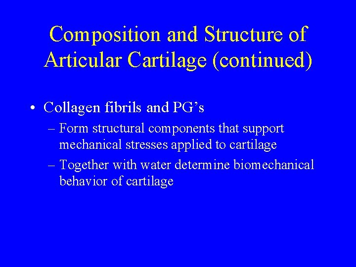 Composition and Structure of Articular Cartilage (continued) • Collagen fibrils and PG’s – Form
