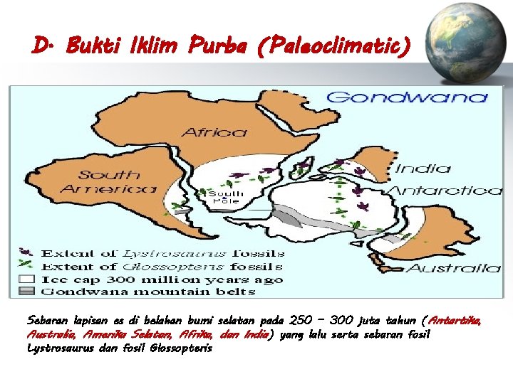 D. Bukti Iklim Purba (Paleoclimatic) Sebaran lapisan es di belahan bumi selatan pada 250