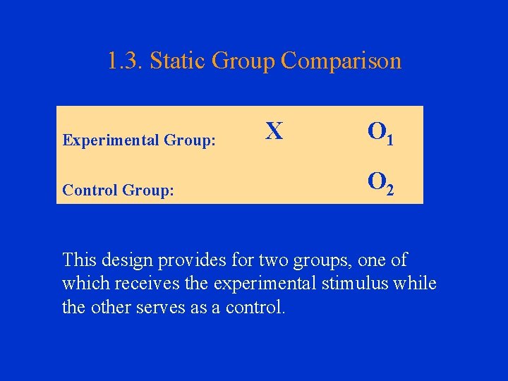 1. 3. Static Group Comparison Experimental Group: Control Group: X O 1 O 2