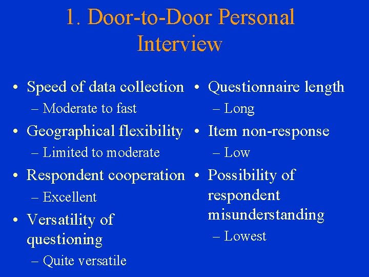 1. Door-to-Door Personal Interview • Speed of data collection • Questionnaire length – Moderate