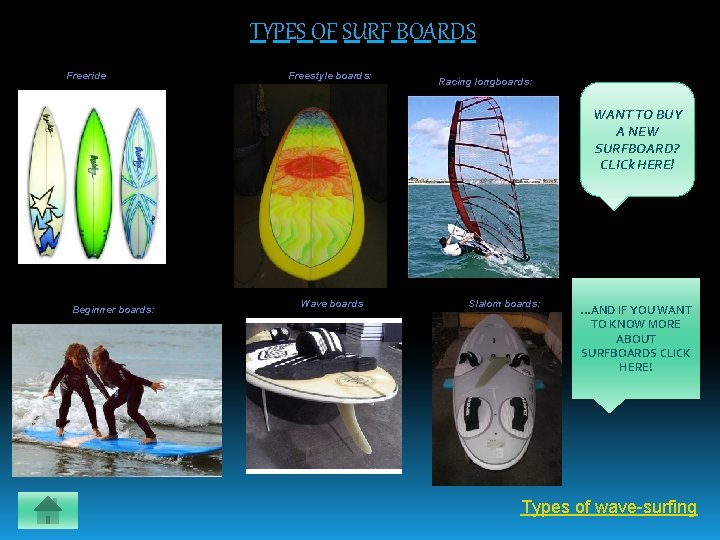 TYPES OF SURF BOARDS Freeride Freestyle boards: Racing longboards: WANT TO BUY A NEW