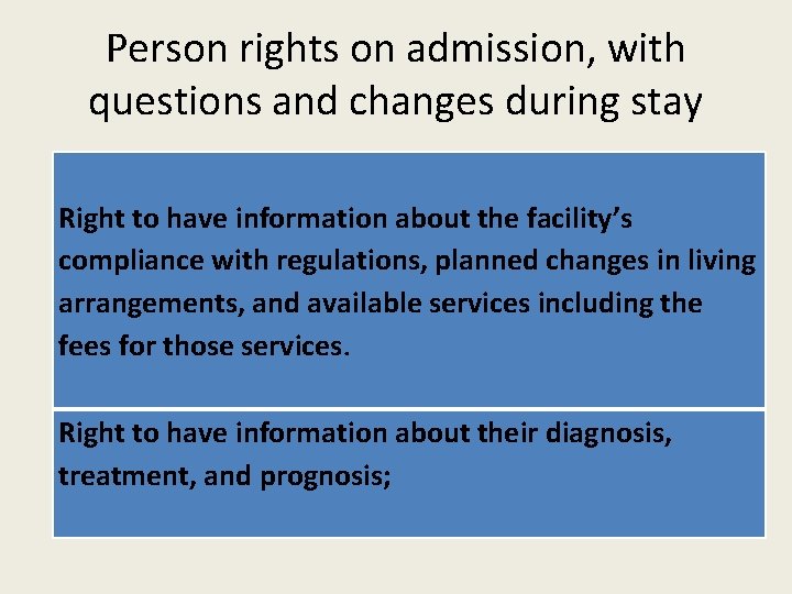 Person rights on admission, with questions and changes during stay Right to have information