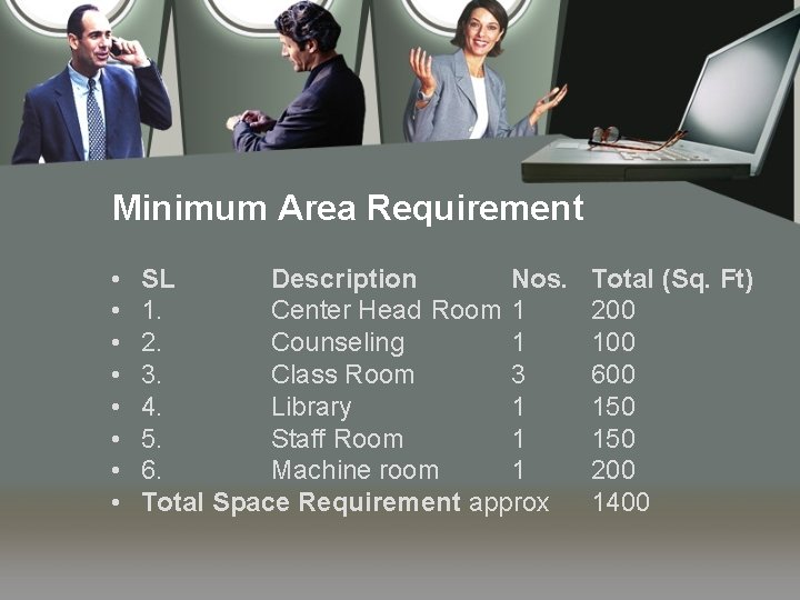 Minimum Area Requirement • • SL Description Nos. 1. Center Head Room 1 2.