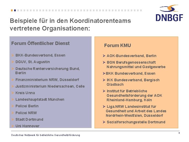 Beispiele für in den Koordinatorenteams vertretene Organisationen: Forum Öffentlicher Dienst Forum KMU Ø BKK-Bundesverband,