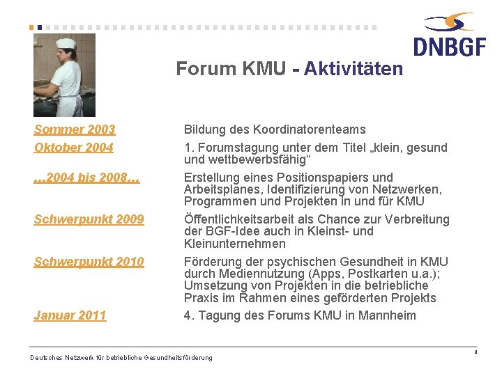 Forum KMU - Aktivitäten Sommer 2003 Oktober 2004 … 2004 bis 2008… Schwerpunkt 2009