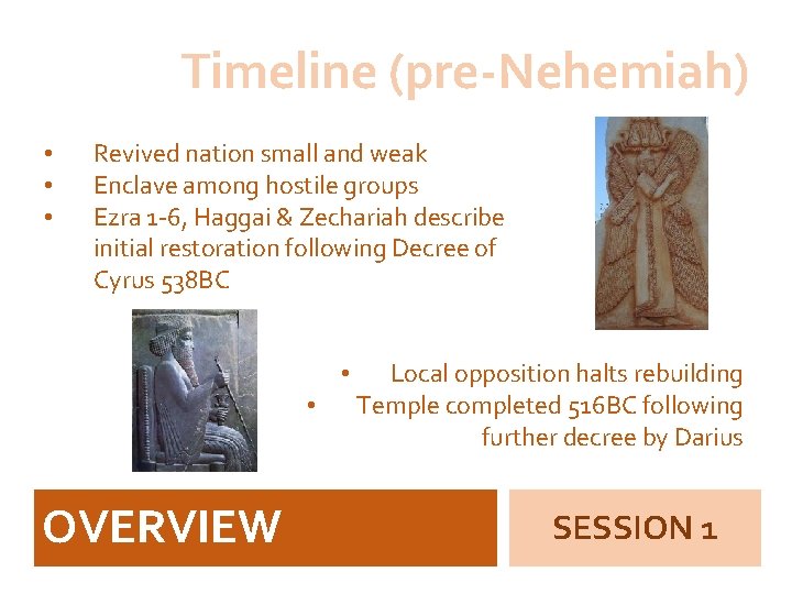 Timeline (pre-Nehemiah) • • • Revived nation small and weak Enclave among hostile groups