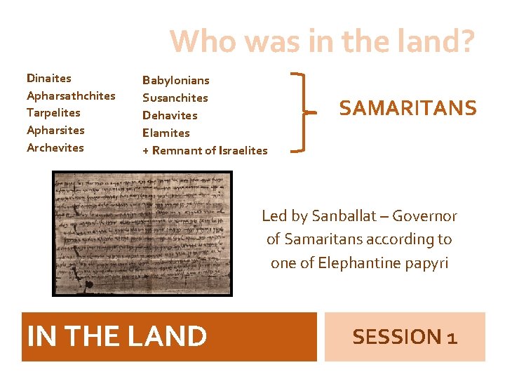 Who was in the land? Dinaites Apharsathchites Tarpelites Apharsites Archevites Babylonians Susanchites Dehavites Elamites