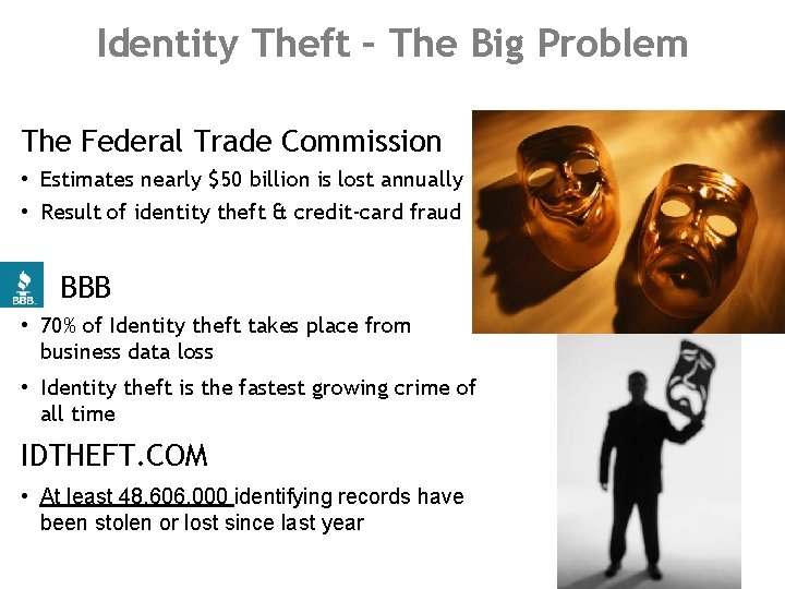 Identity Theft – The Big Problem The Federal Trade Commission • Estimates nearly $50