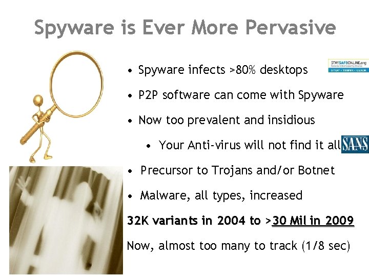 Spyware is Ever More Pervasive • Spyware infects >80% desktops • P 2 P