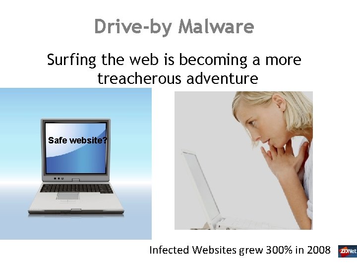 Drive-by Malware Surfing the web is becoming a more treacherous adventure Safe website? Infected