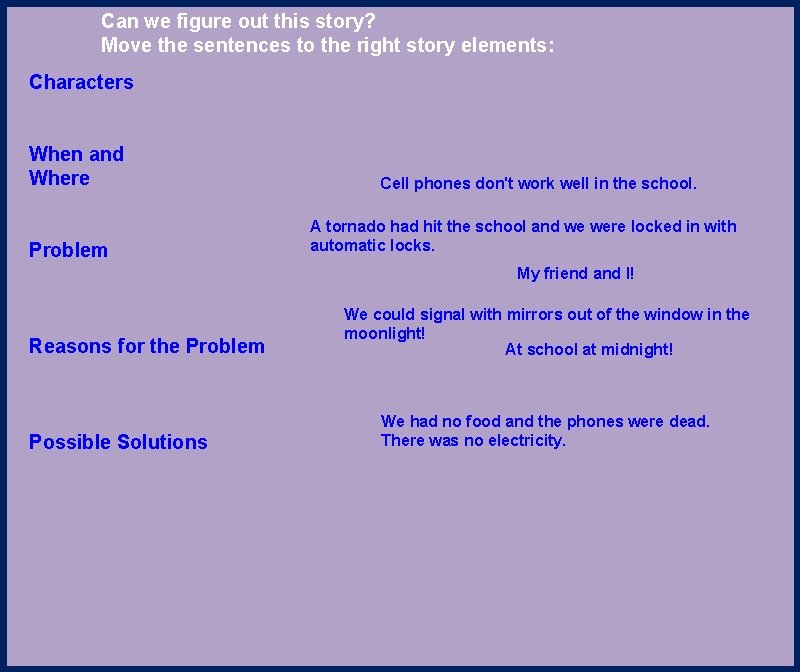 Can we figure out this story? Move the sentences to the right story elements: