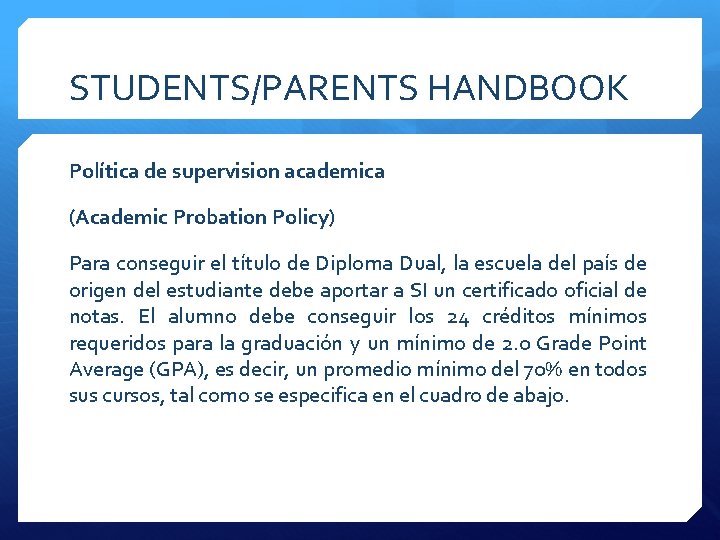 STUDENTS/PARENTS HANDBOOK Política de supervision academica (Academic Probation Policy) Para conseguir el título de