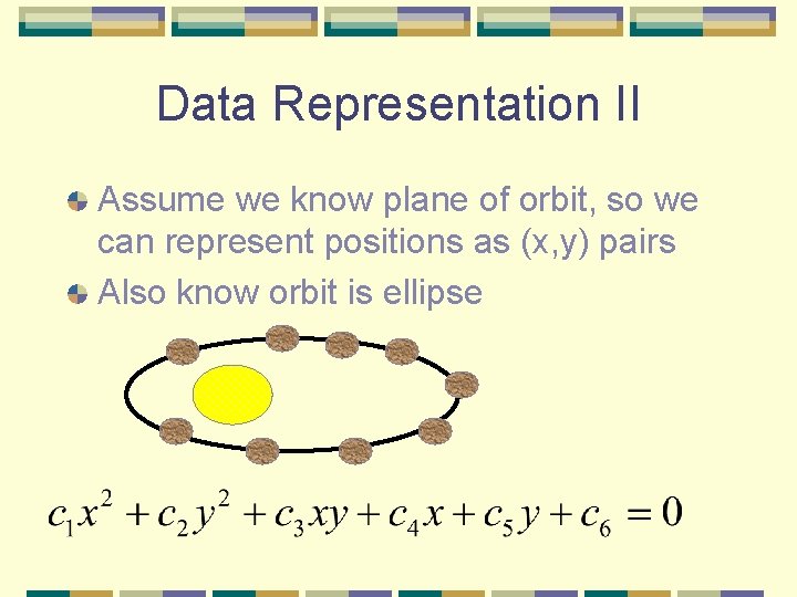 Data Representation II Assume we know plane of orbit, so we can represent positions Data Representation II Assume we know plane of orbit, so we can represent positions