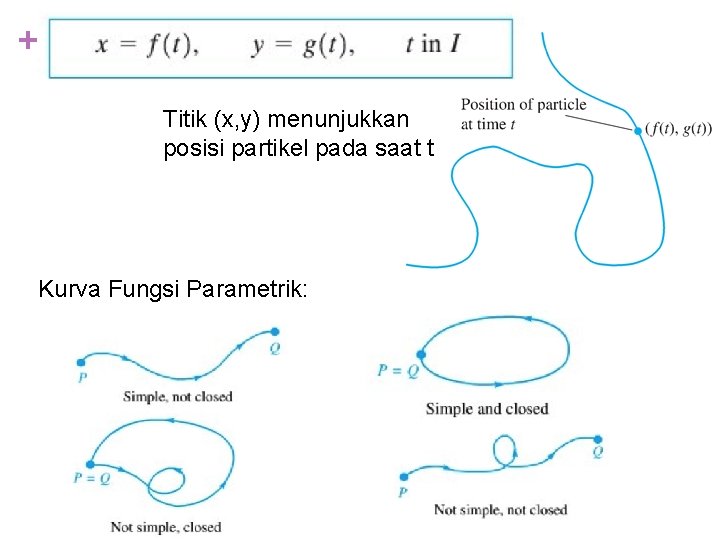 + Titik (x, y) menunjukkan posisi partikel pada saat t Kurva Fungsi Parametrik: 