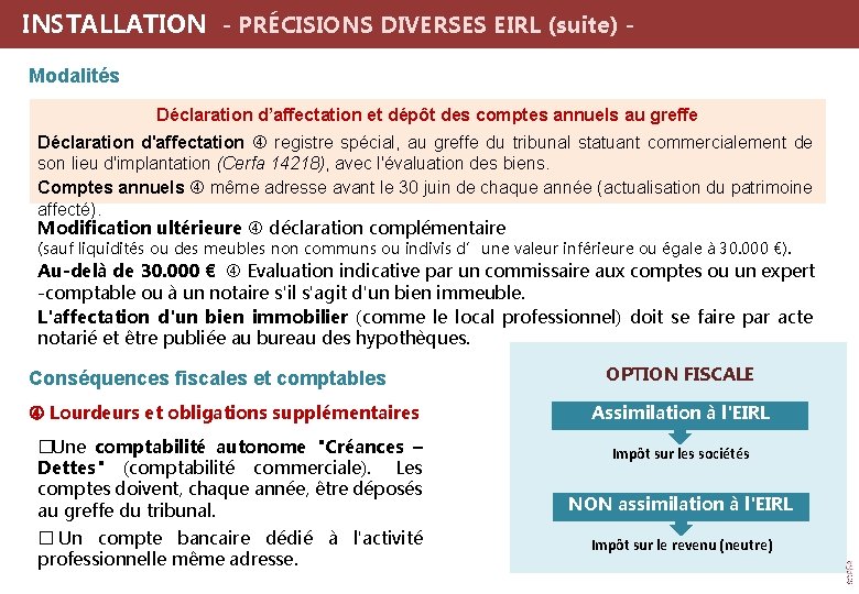  INSTALLATION - PRÉCISIONS DIVERSES EIRL (suite) Modalités Déclaration d’affectation et dépôt des comptes