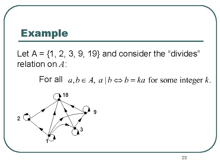 Example Let A = {1, 2, 3, 9, 19} and consider the “divides” relation