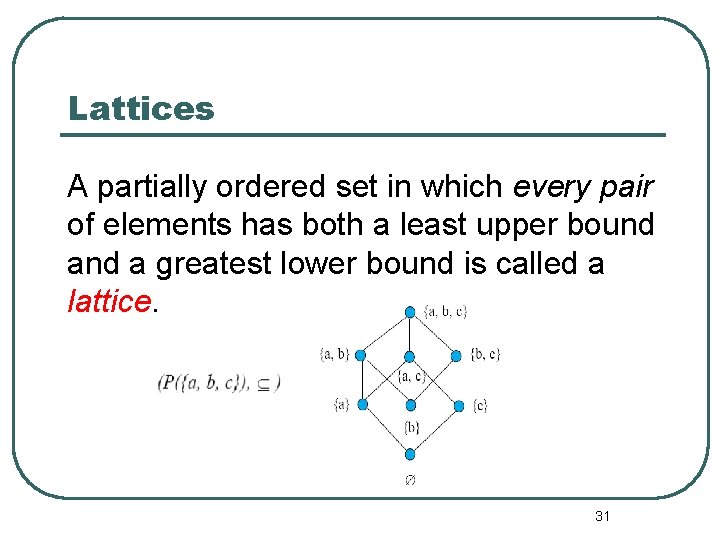 Lattices A partially ordered set in which every pair of elements has both a