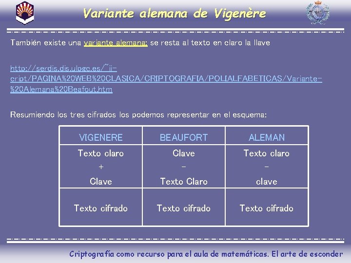 Variante alemana de Vigenère También existe una variante alemana: se resta al texto en