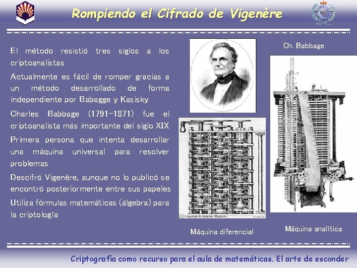 Rompiendo el Cifrado de Vigenère Ch. Babbage El método resistió tres siglos a los