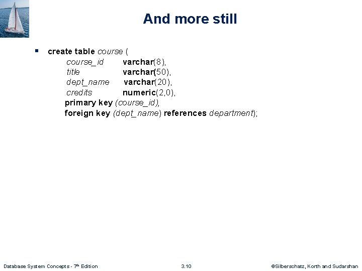 And more still § create table course ( course_id varchar(8), title varchar(50), dept_name varchar(20),