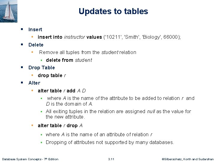 Updates to tables § Insert • insert into instructor values ('10211', 'Smith', 'Biology', 66000);