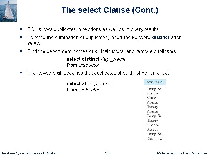 The select Clause (Cont. ) § SQL allows duplicates in relations as well as