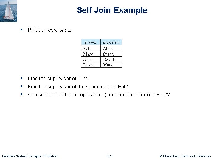 Self Join Example § Relation emp-super § Find the supervisor of “Bob” § Can