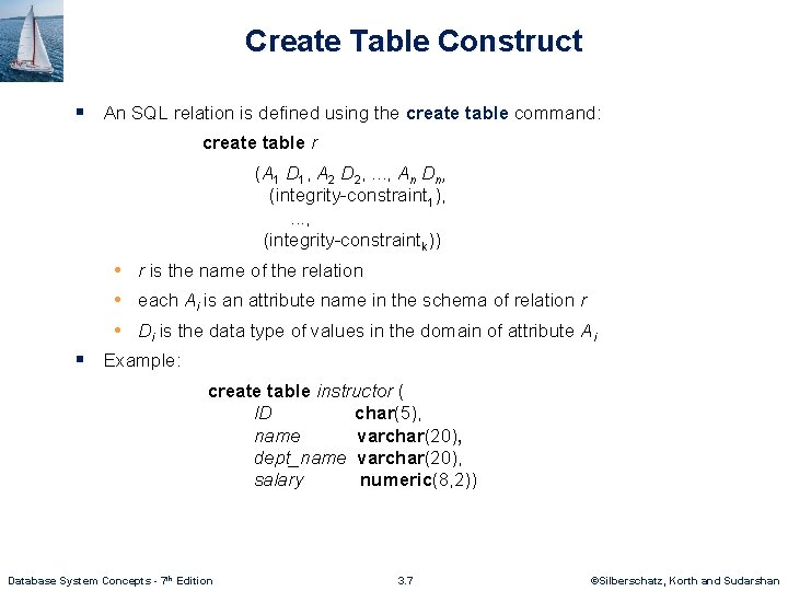 Create Table Construct § An SQL relation is defined using the create table command: