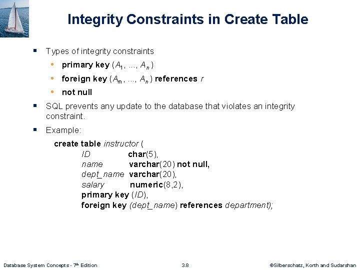Integrity Constraints in Create Table § Types of integrity constraints • primary key (A