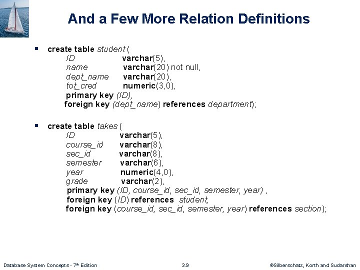 And a Few More Relation Definitions § create table student ( ID varchar(5), name