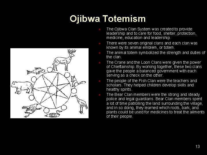  Ojibwa Totemism n n n The Ojibwa Clan System was created to provide