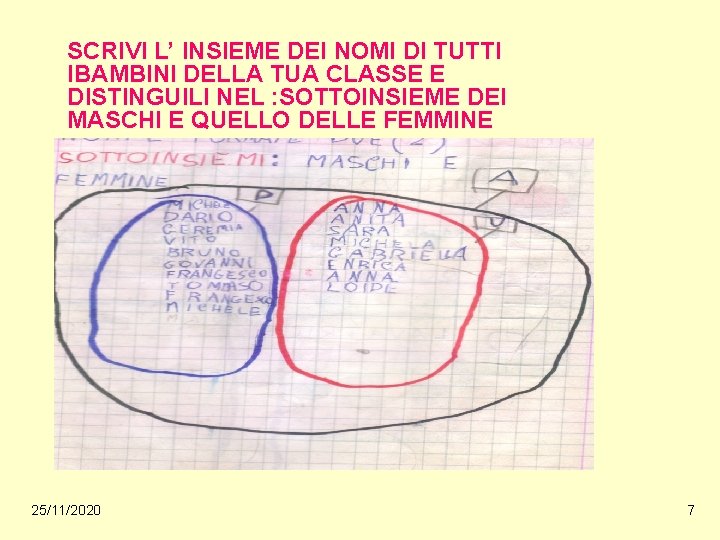 SCRIVI L’ INSIEME DEI NOMI DI TUTTI IBAMBINI DELLA TUA CLASSE E DISTINGUILI NEL