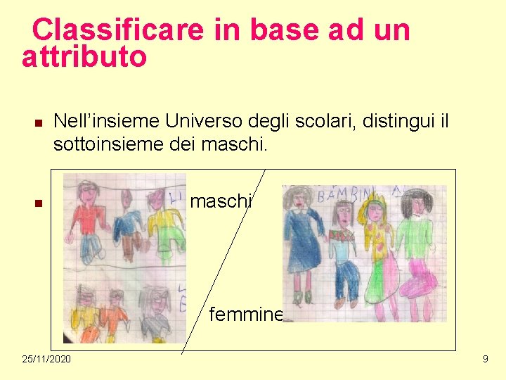 Classificare in base ad un attributo n n Nell’insieme Universo degli scolari, distingui il