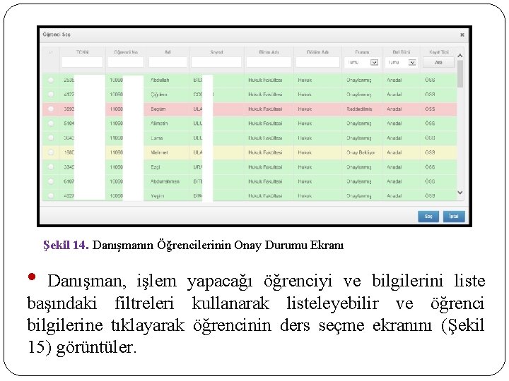 Şekil 14. Danışmanın Öğrencilerinin Onay Durumu Ekranı • Danışman, işlem yapacağı öğrenciyi ve bilgilerini