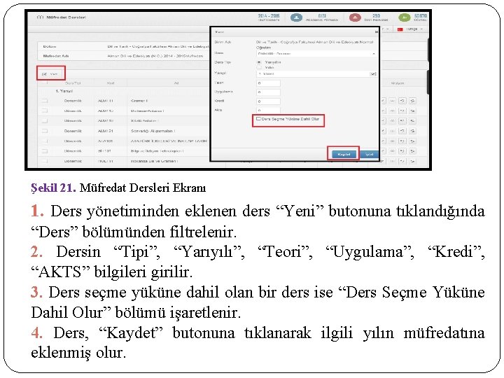 Şekil 21. Müfredat Dersleri Ekranı 1. Ders yönetiminden eklenen ders “Yeni” butonuna tıklandığında “Ders”