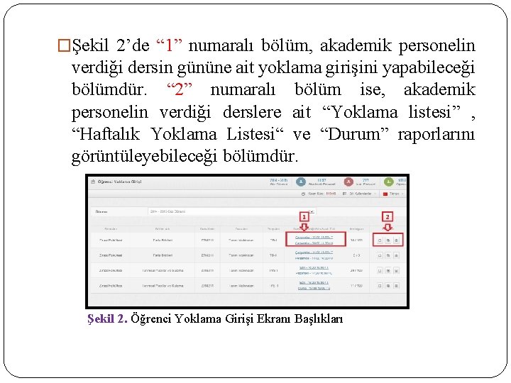 �Şekil 2’de “ 1” numaralı bölüm, akademik personelin verdiği dersin gününe ait yoklama girişini