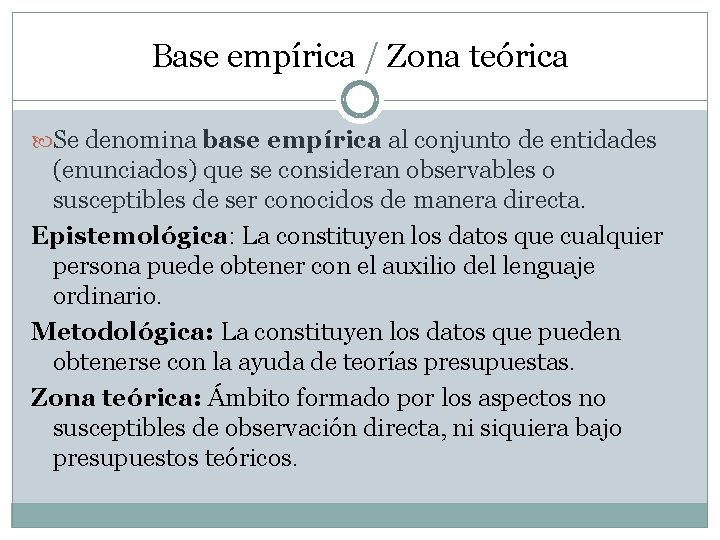 Base empírica / Zona teórica Se denomina base empírica al conjunto de entidades (enunciados)